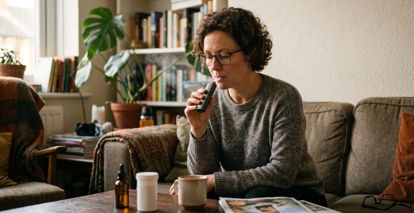An adult exhaling vapor from a handheld vaporizer while sitting on a sofa, with an amber glass dropper bottle on the coffee table.