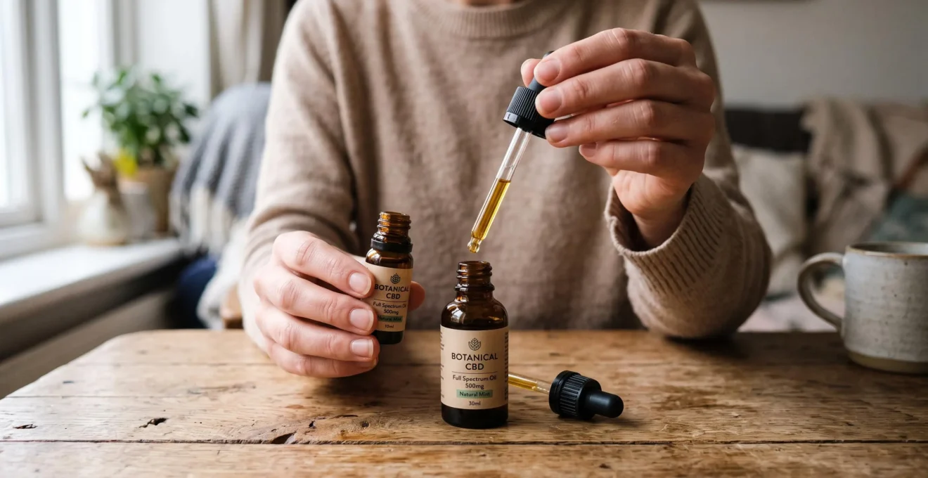 A person drawing golden CBD oil into a glass dropper from a small amber glass vial on a wooden table.
