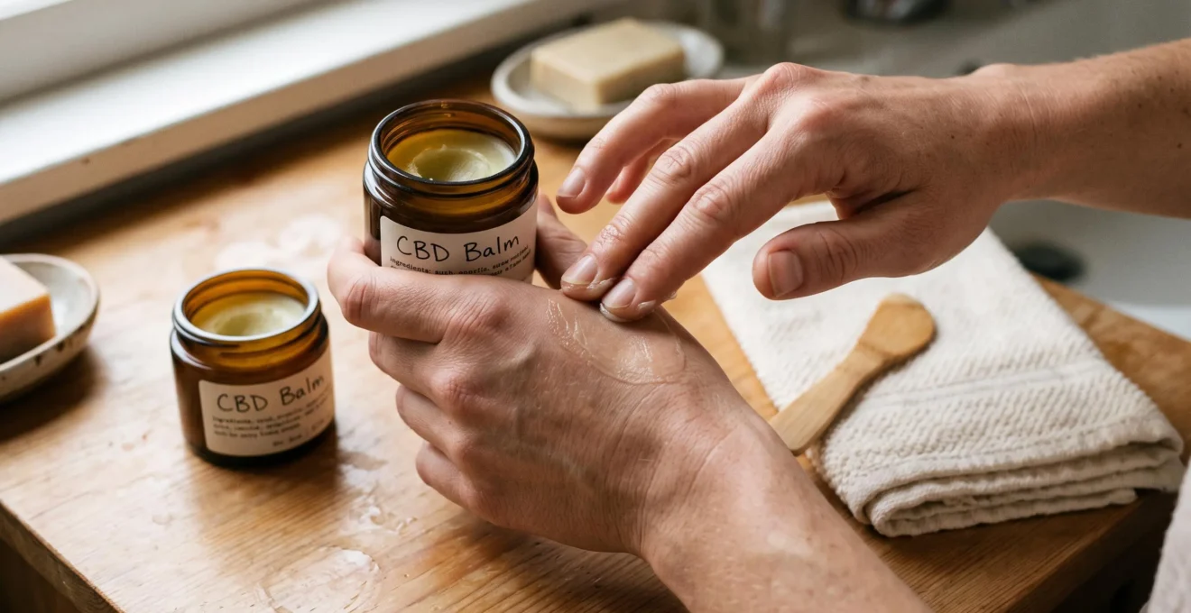 A person scoops CBD balm from a jar with two fingers and rubs it into a small defined patch of skin on the back of one hand at a wooden counter.