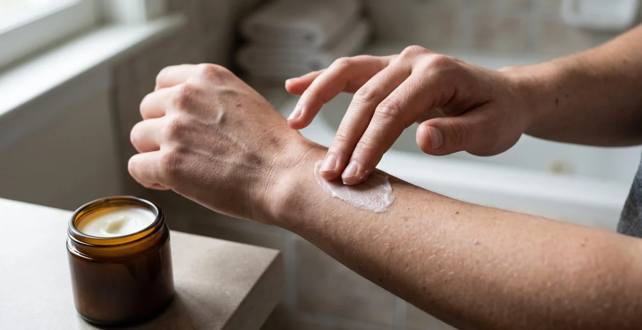 A person scooping white balm from an unlabeled amber jar with their fingers and applying it to the skin of their forearm.