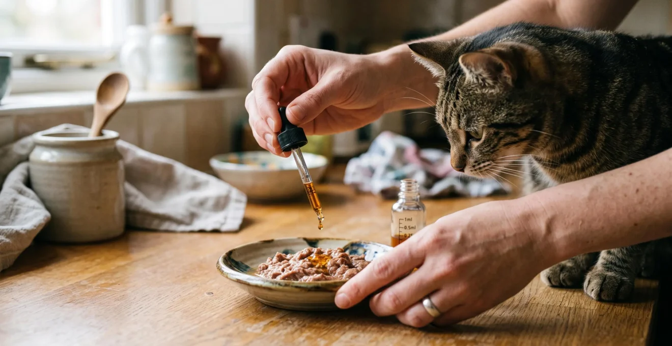A person mixing drops of fish-oil liquid from a small dropper bottle into a dish of wet cat food while a tabby cat waits nearby.