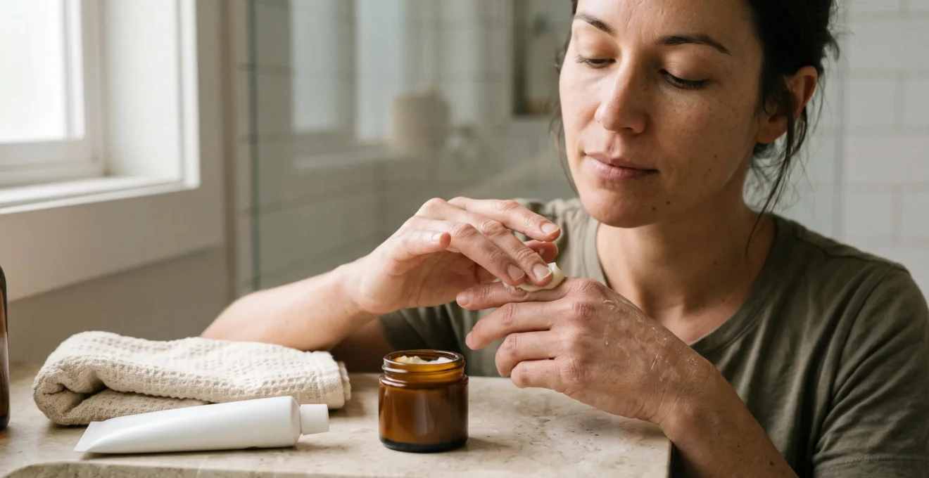 A woman applying CBD balm from an open jar onto the dry, flaky skin on the back of her hand in a bathroom.