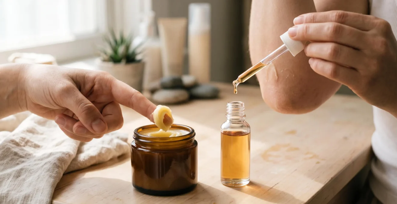 Two unbranded CBD topicals, a thick balm scooped with a fingertip and a thin serum dropping from a dropper, on a natural vanity table.