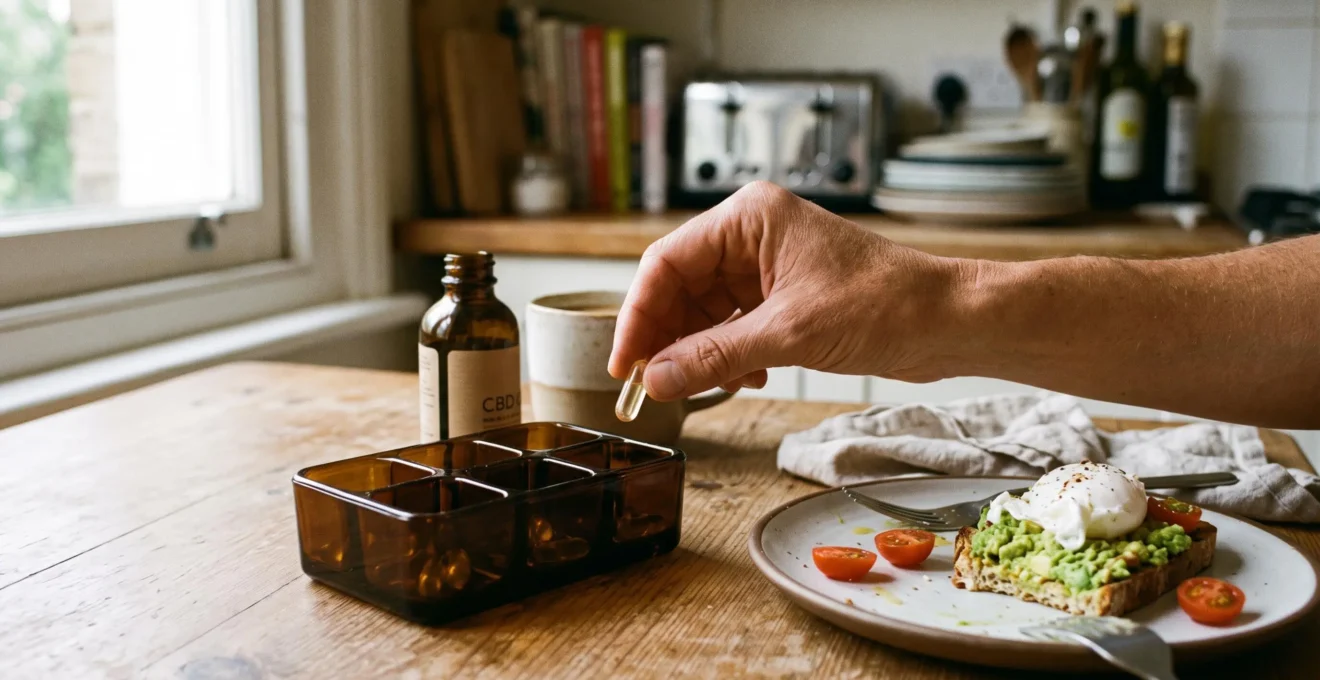 A hand picks up a white CBD capsule from a wooden table next to a breakfast plate with eggs and avocado.