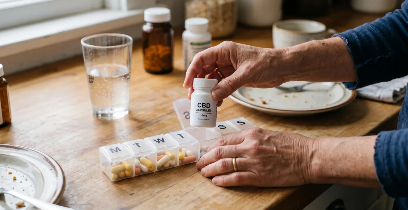 Hands keeping a CBD capsule bottle in its original packaging separate from a weekly pill organiser filled with standard supplement capsules on a kitchen counter.