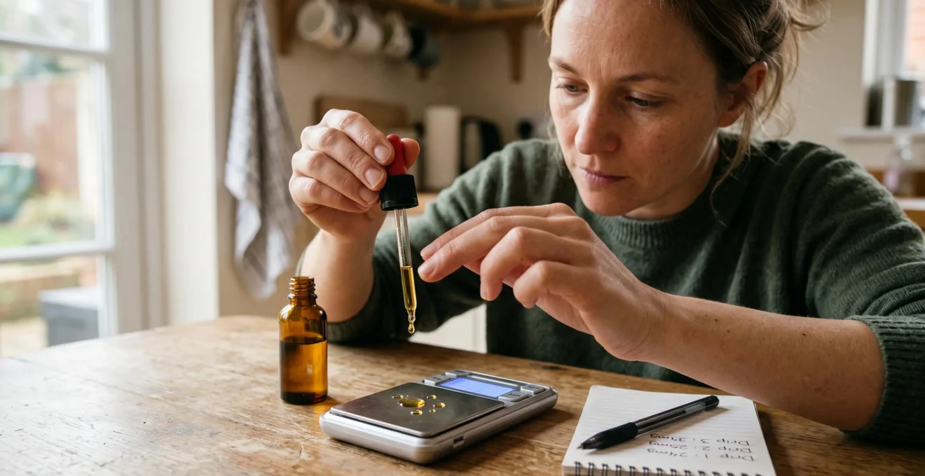 A person dispensing drops of CBD oil from a glass dropper onto a digital milligram scale to verify its real volume.