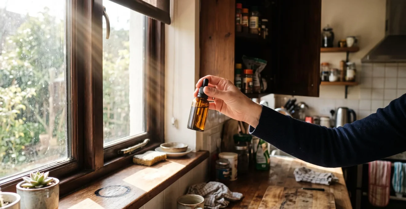A hand moves an amber glass CBD oil bottle from a sunlit windowsill into a dark kitchen cupboard.