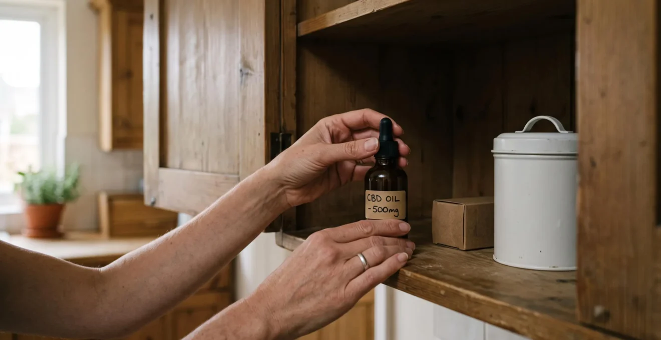 A person placing an amber glass CBD oil bottle into a dark kitchen cupboard away from daylight.