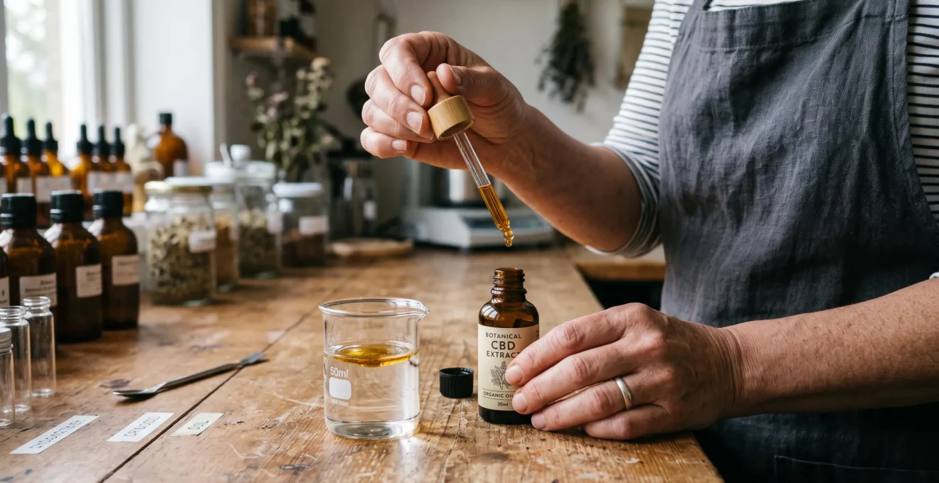 A person draws golden CBD oil into a glass dropper above a beaker of water where an oily drop floats without dissolving.