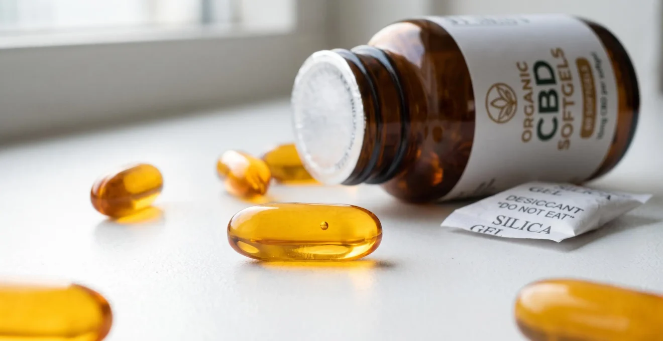 A translucent amber CBD softgel capsule in sharp focus beside a sealed amber glass bottle and a desiccant packet on a neutral surface.