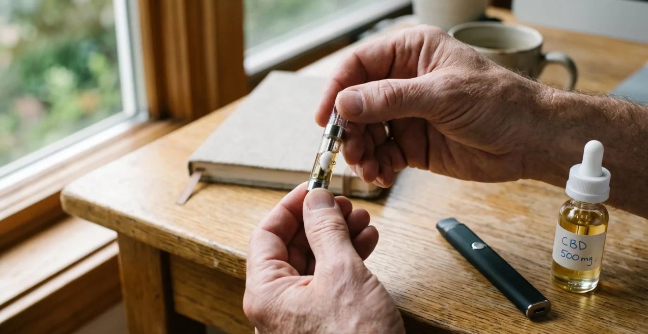 A person holds a transparent CBD vape cartridge up to the light, inspecting the coil and wick before use.