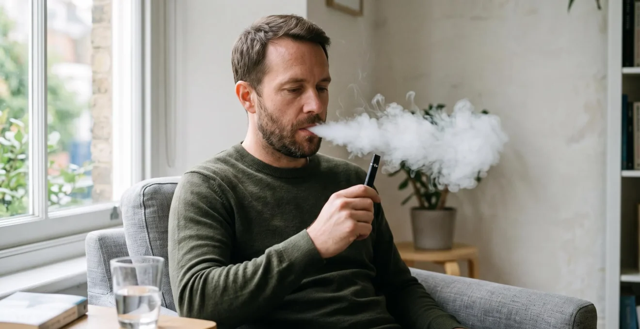 An adult exhaling an even cloud of vapour from a CBD vape pen beside a window, showing consistent aerosol production.
