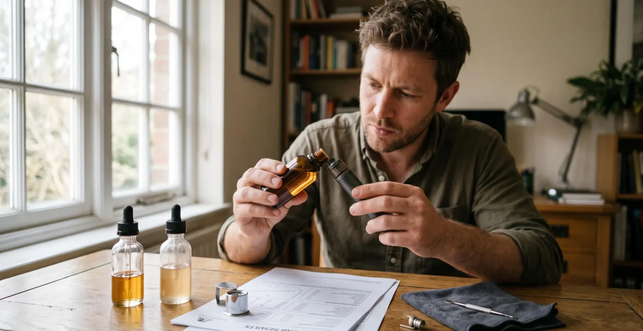 A person comparing a CBD vape liquid bottle with a refillable vape device before filling it, with lab report sheets on the desk.