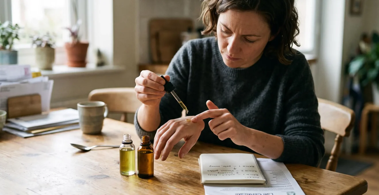 A person compares two unbranded CBD oil bottles on a wooden table, placing a drop from a dropper on the back of one hand to assess texture.