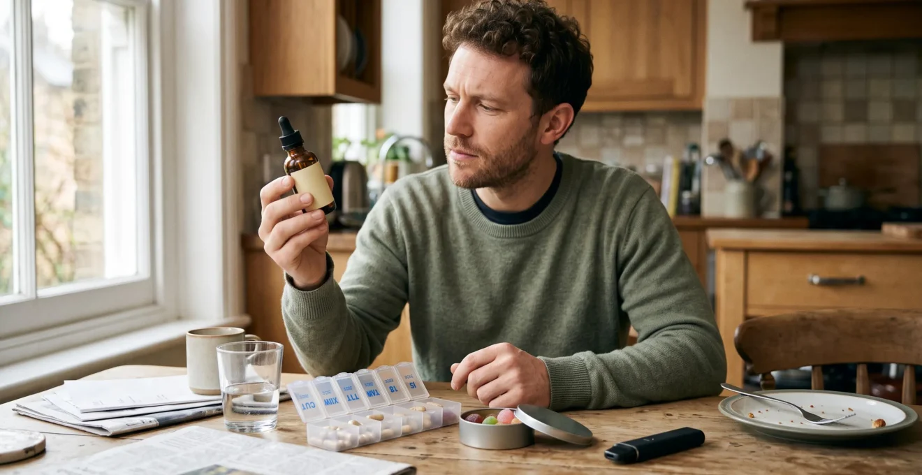 A man at a kitchen table compares a dropper bottle of CBD oil with capsules, gummies and a vaporizer laid out in front of him.