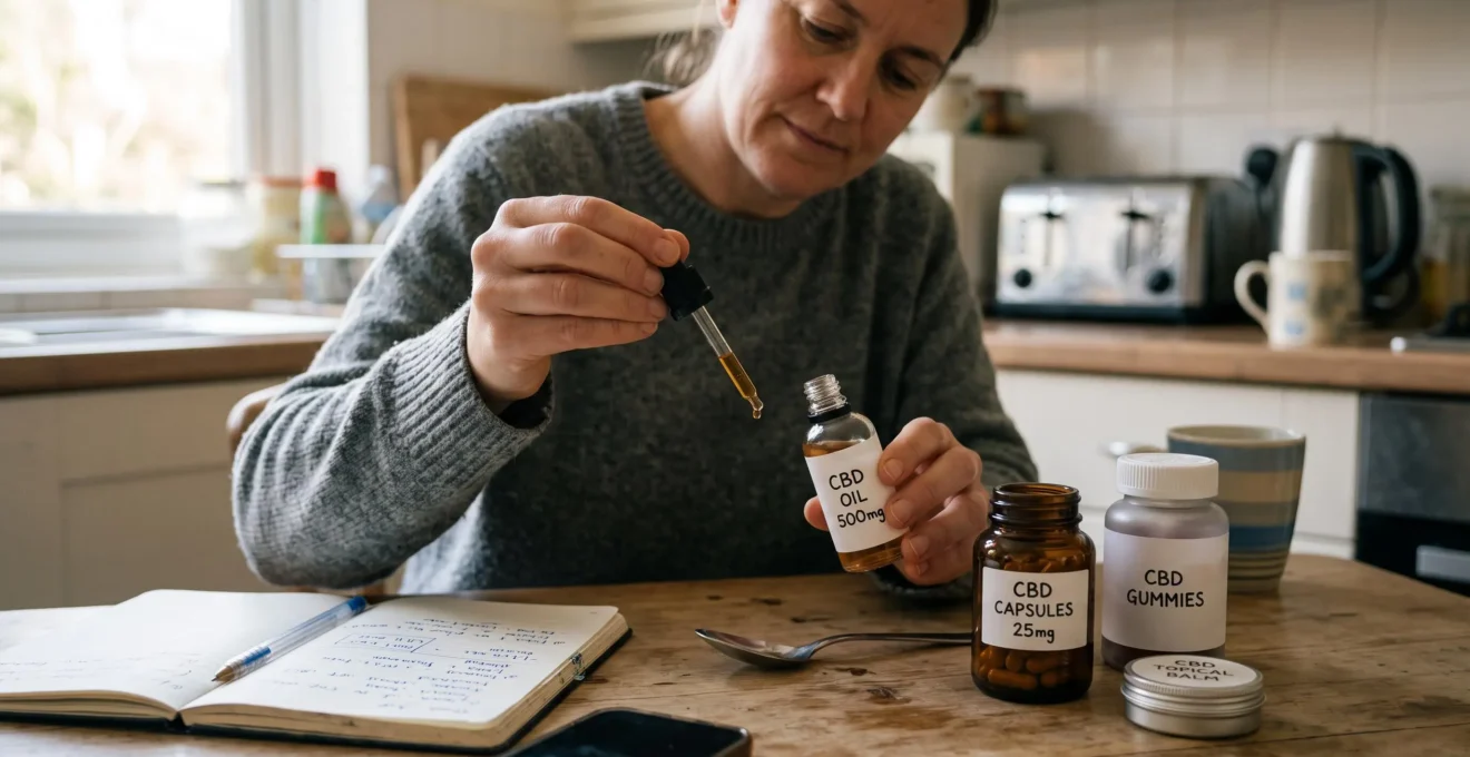 A person counting drops from a CBD oil dropper at a kitchen table while comparing oil, capsules and other formats side by side.