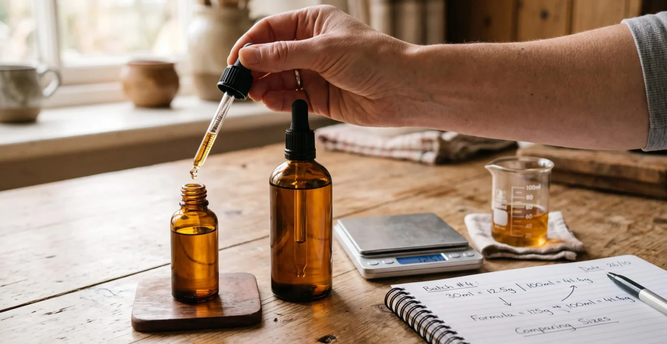 Two CBD oil dropper bottles of different sizes on a table next to a measuring cup, a scale and handwritten calculations, with a hand holding a pipette.