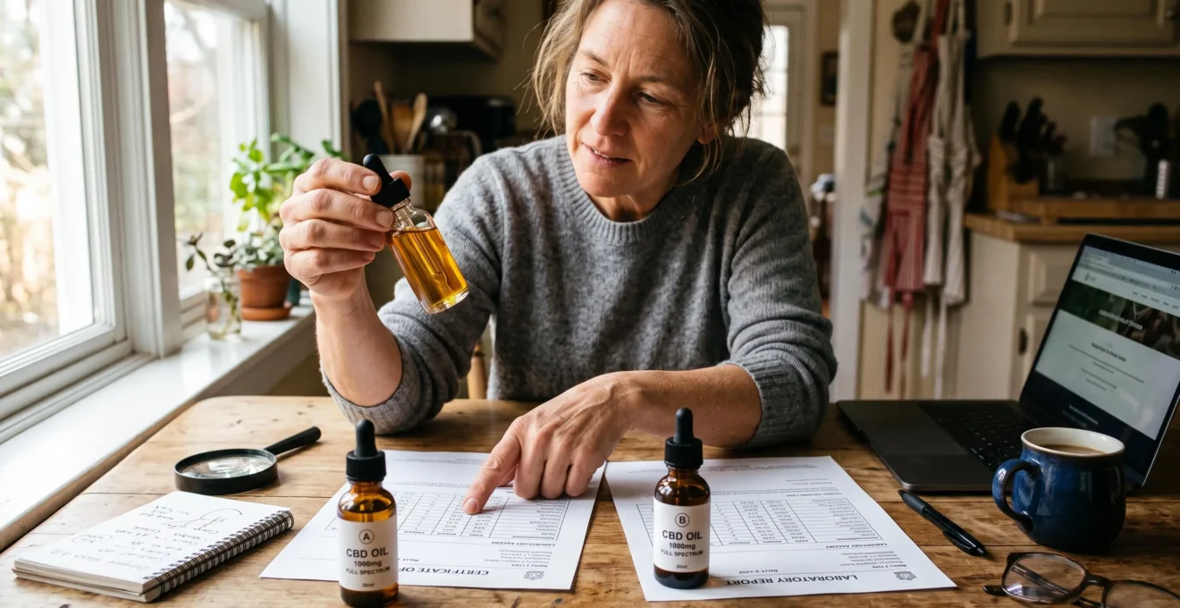 A person compares two CBD oil bottles and printed lab reports at a kitchen table, examining the oil color against the light.