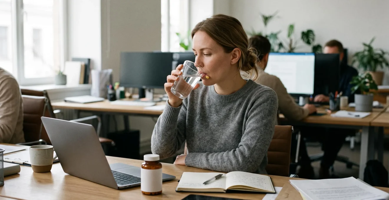 An office employee discreetly taking a capsule with water at a shared desk during the workday.