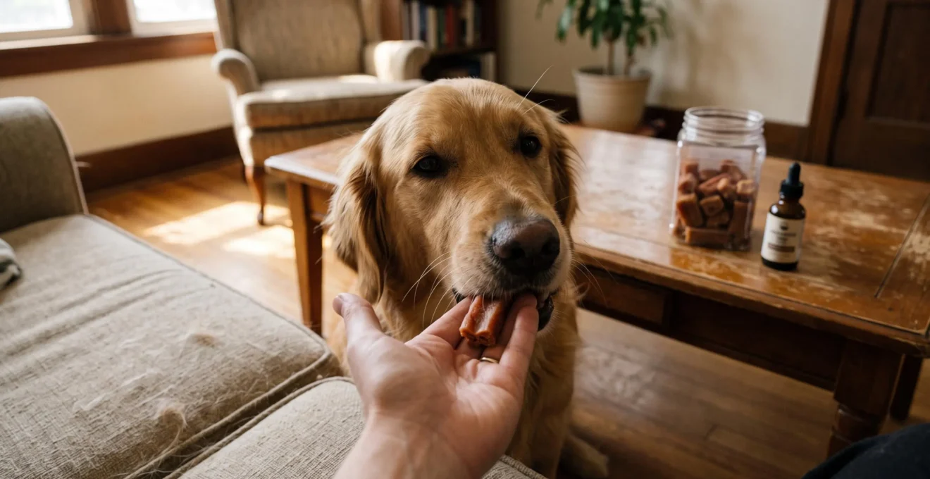 A golden retriever takes a soft chew from its owner's open hand in a living room, with a chew container and an oil dropper bottle on the coffee table behind them.