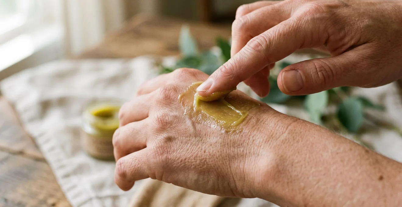 A fingertip applying CBD balm to the back of a hand, leaving a visible thin film on the skin surface.