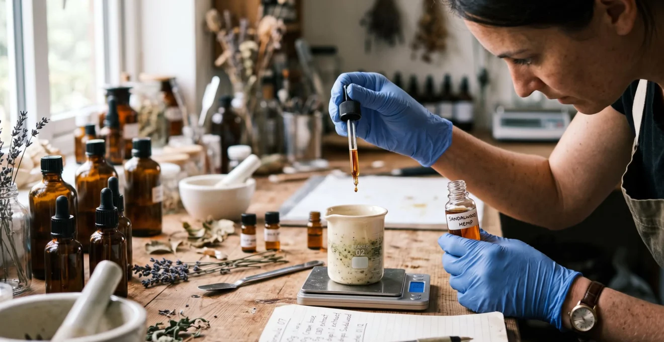 A formulator adds drops of essential oil from a small amber vial into a cream base containing hemp extract on a workshop bench.
