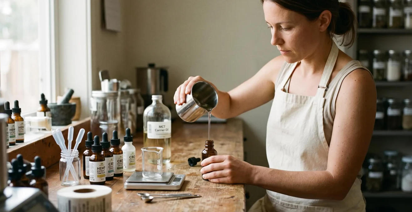 A formulator pouring clear MCT carrier oil into a glass dropper bottle on a wooden workbench.