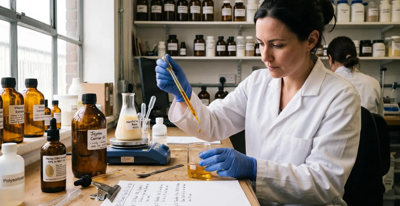 A formator pipetting golden oil into a glass beaker at a laboratory workbench surrounded by emulsifiers and a stirred emulsion.