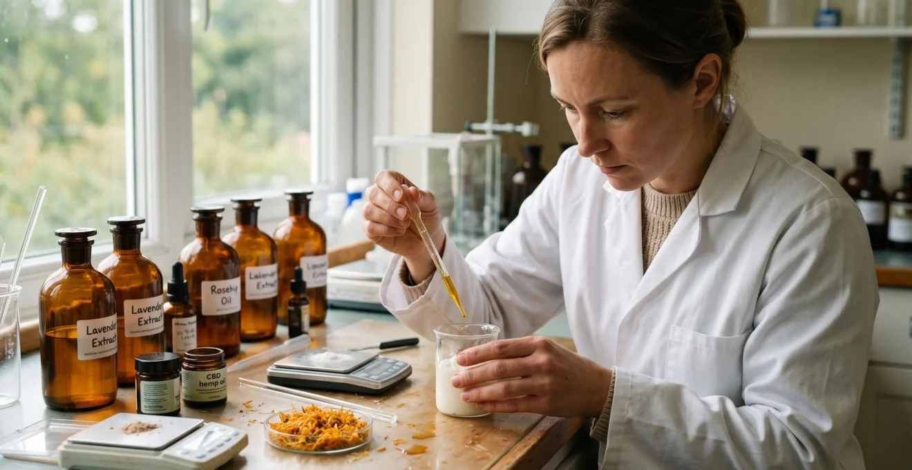 A formulator pipetting a botanical extract into a cream base on a laboratory bench surrounded by amber bottles of plant extracts and a jar of hemp oil.