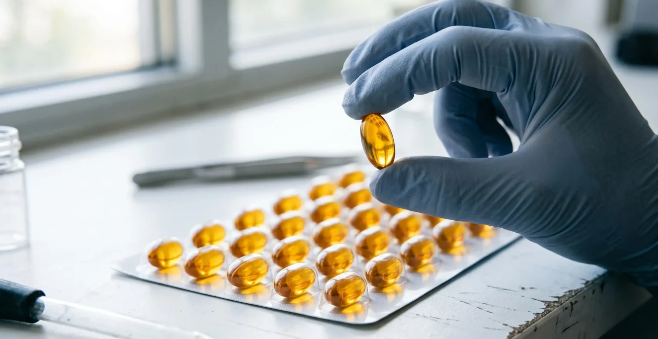 A gloved hand holding a translucent golden gelatin capsule filled with CBD oil above a blister tray of identical softgels.
