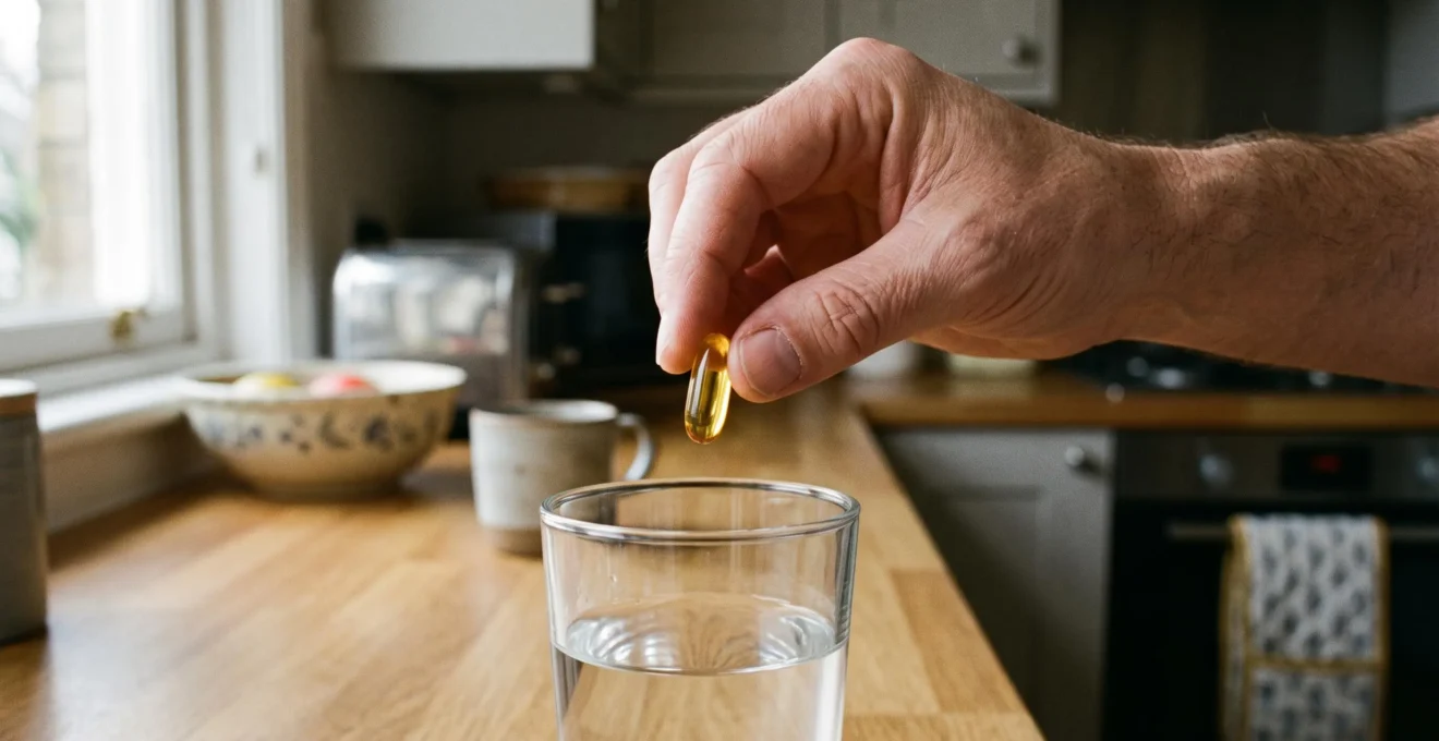 A hand holding an amber oil-filled softgel capsule above a glass of water on a home kitchen counter in natural light.