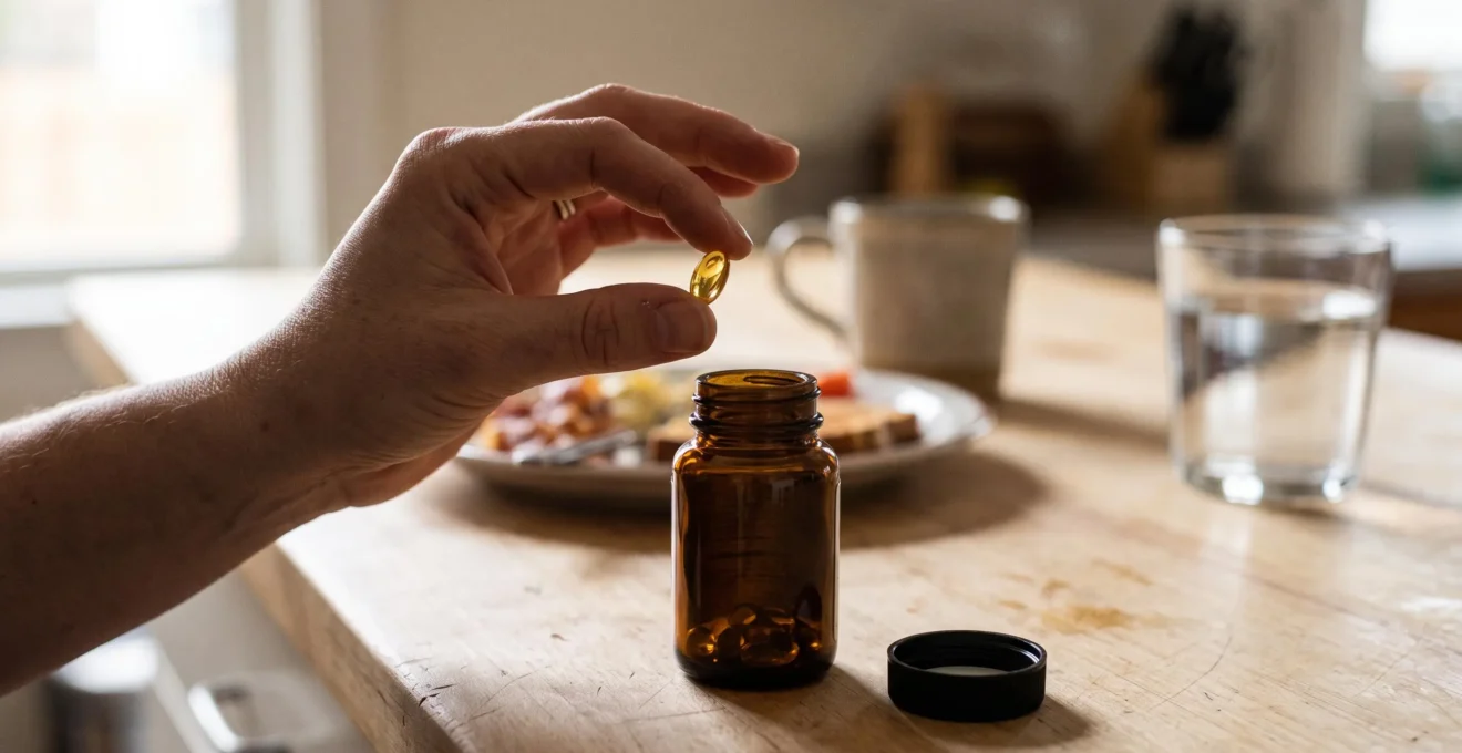 A hand holds a translucent CBD oil softgel capsule above an open amber bottle on a kitchen counter in the morning.