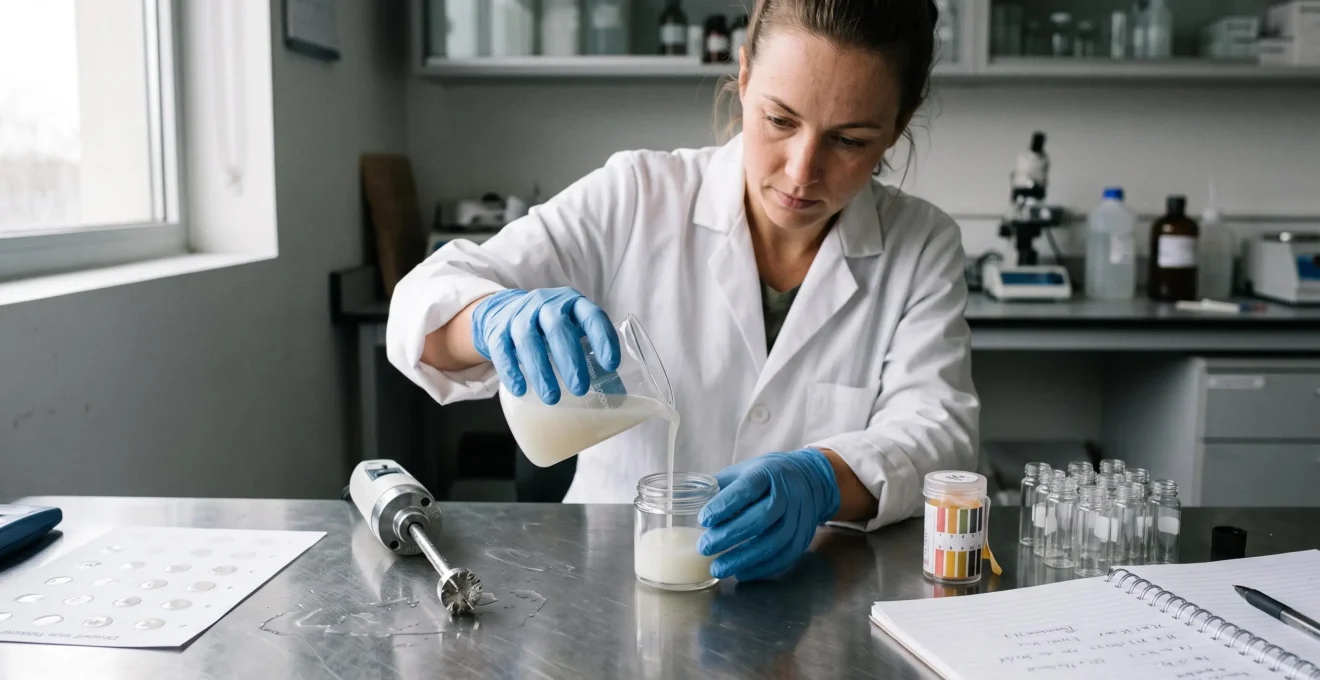 A formulation technician pours a translucent milky CBD serum into a sample jar on a lab bench equipped with a homogeniser and sample vials.