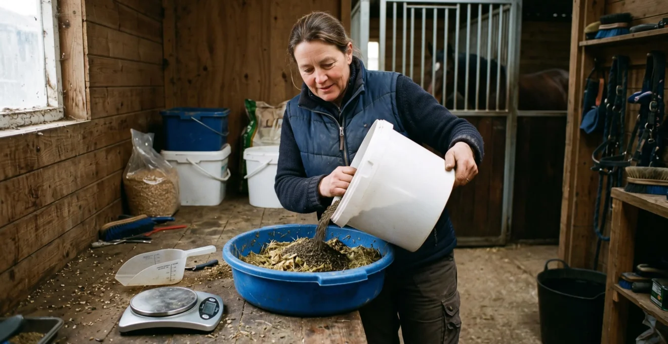 A horse owner pours botanical granules from a bulk tub into a weighed feed bucket in a stable feed room.