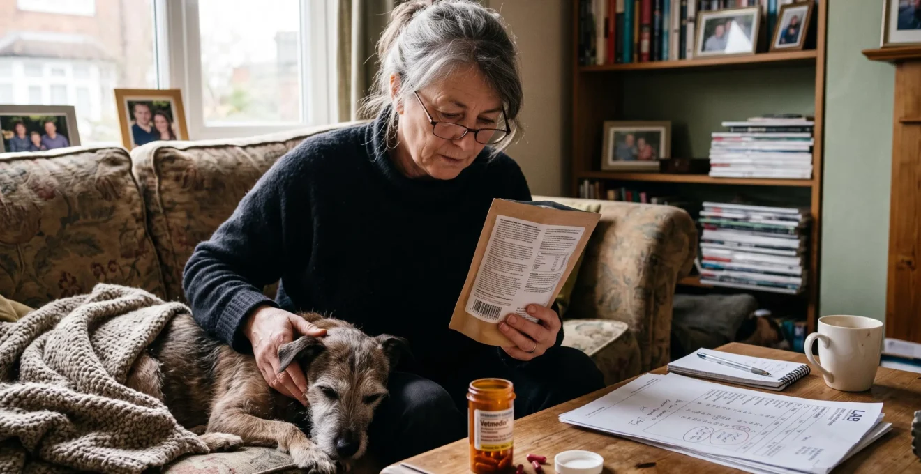 A person reads the label of a pet supplement package while sitting next to a grey-muzzled older dog, with a notepad and medication bottles on the coffee table.