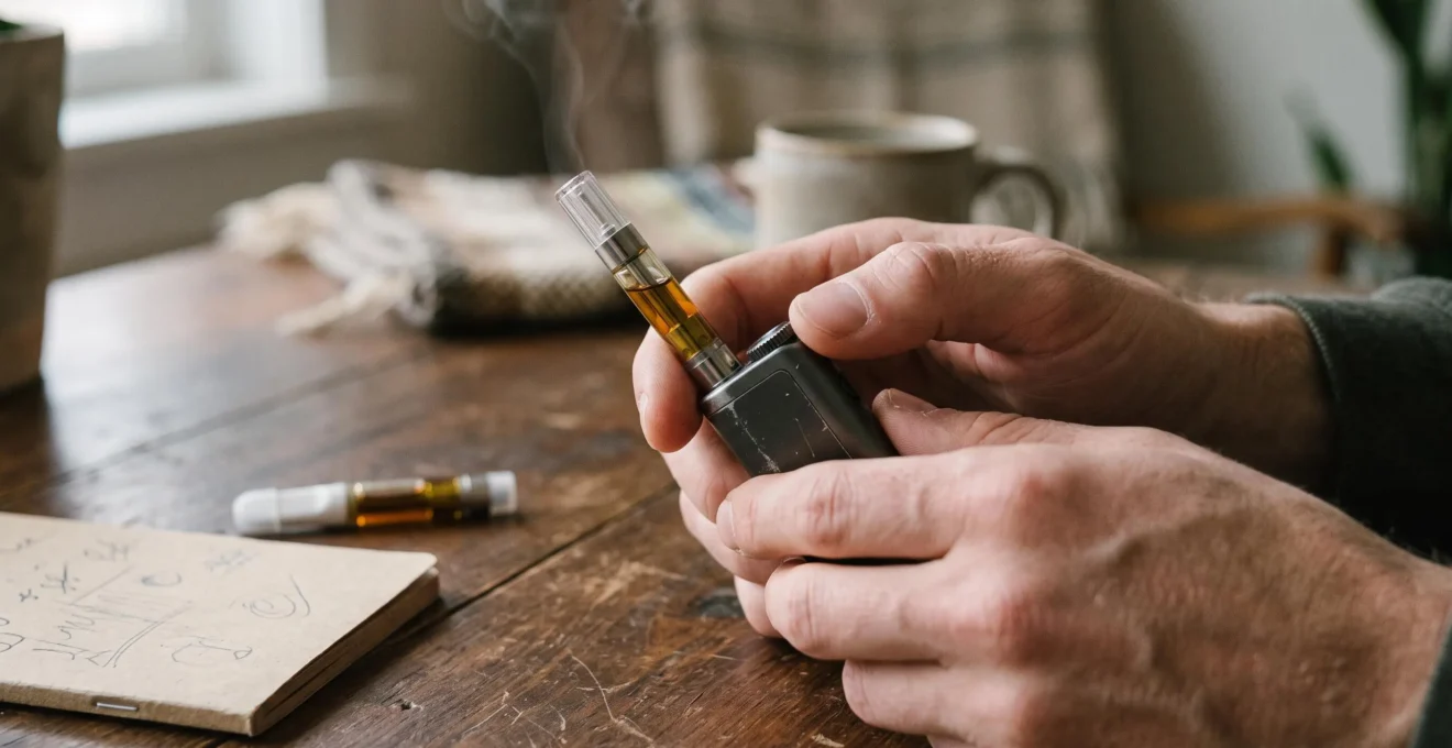 A person adjusting the temperature setting on a CBD vape battery with a cartridge attached, seated at a wooden table.