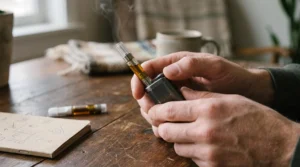 A person adjusting the temperature setting on a CBD vape battery with a cartridge attached, seated at a wooden table.