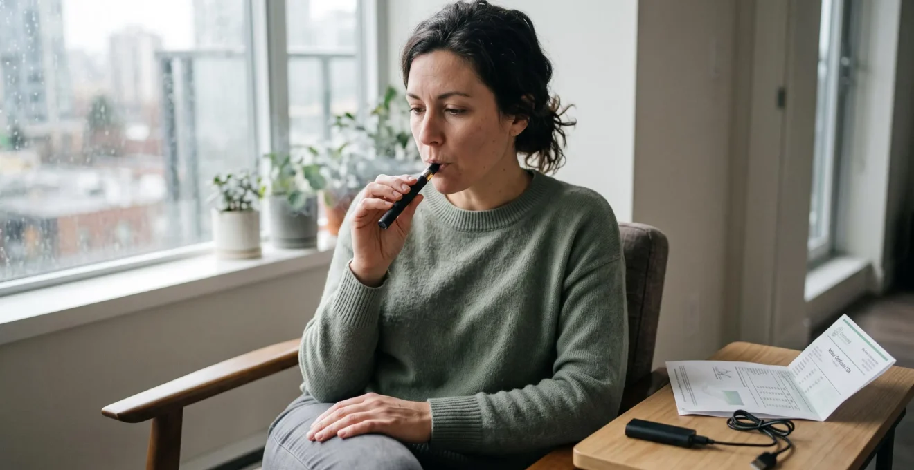 A person inhaling from a CBD vape pen near a bright window, with a faint aerosol wisp visible in natural light.