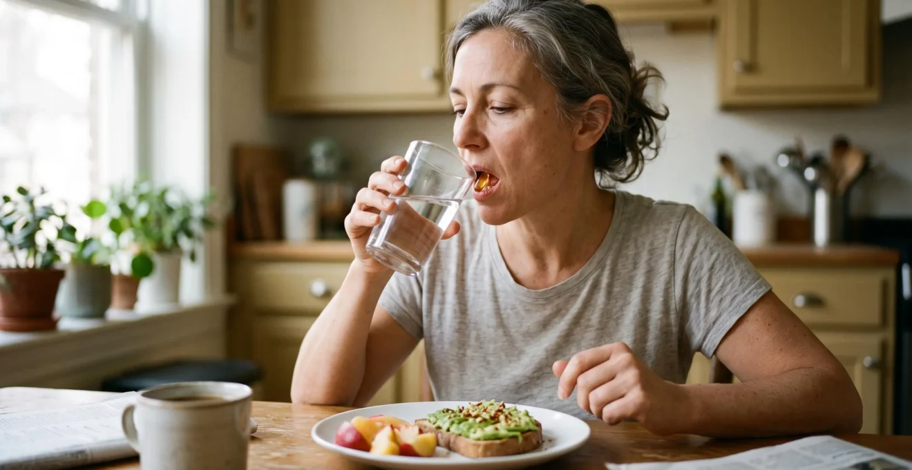 A person swallowing a translucent CBD softgel capsule with a glass of water at a breakfast table.