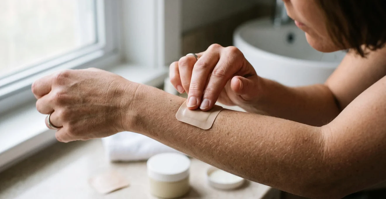 A person pressing a transdermal patch onto the inner skin of their forearm in natural light.