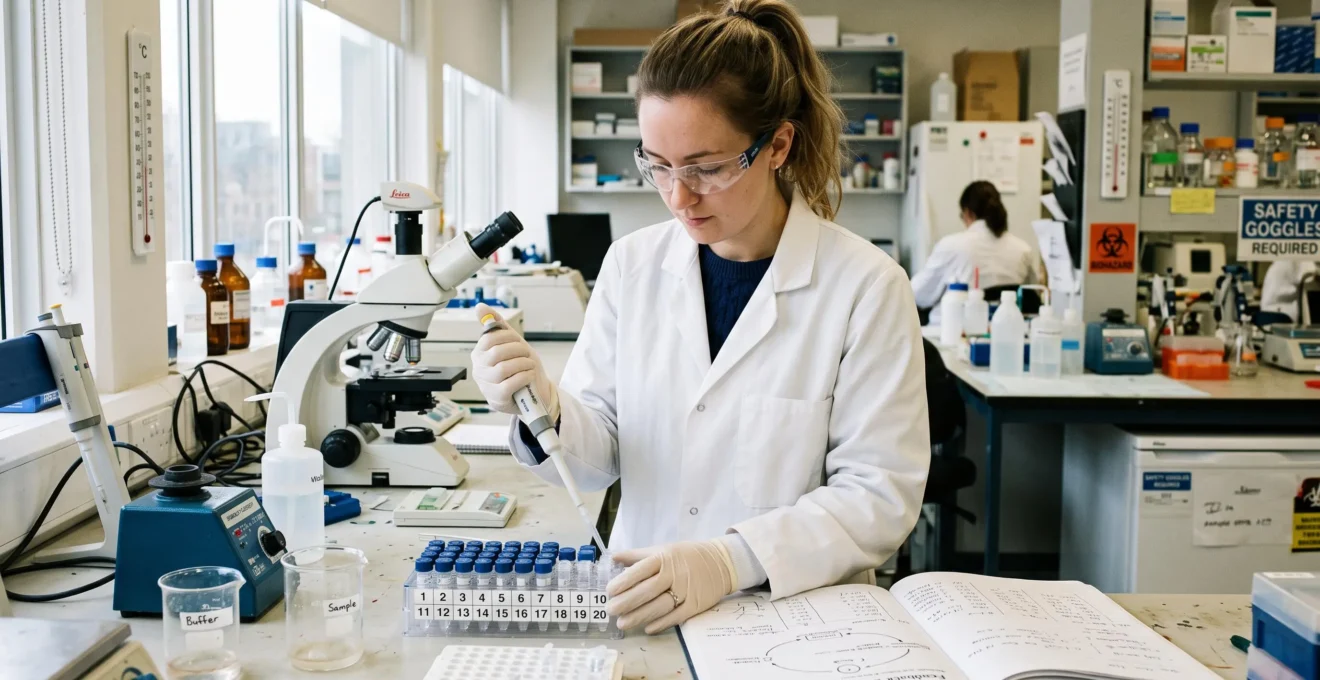 A researcher pipetting liquid into sample vials in a physiology laboratory while studying biological signalling.