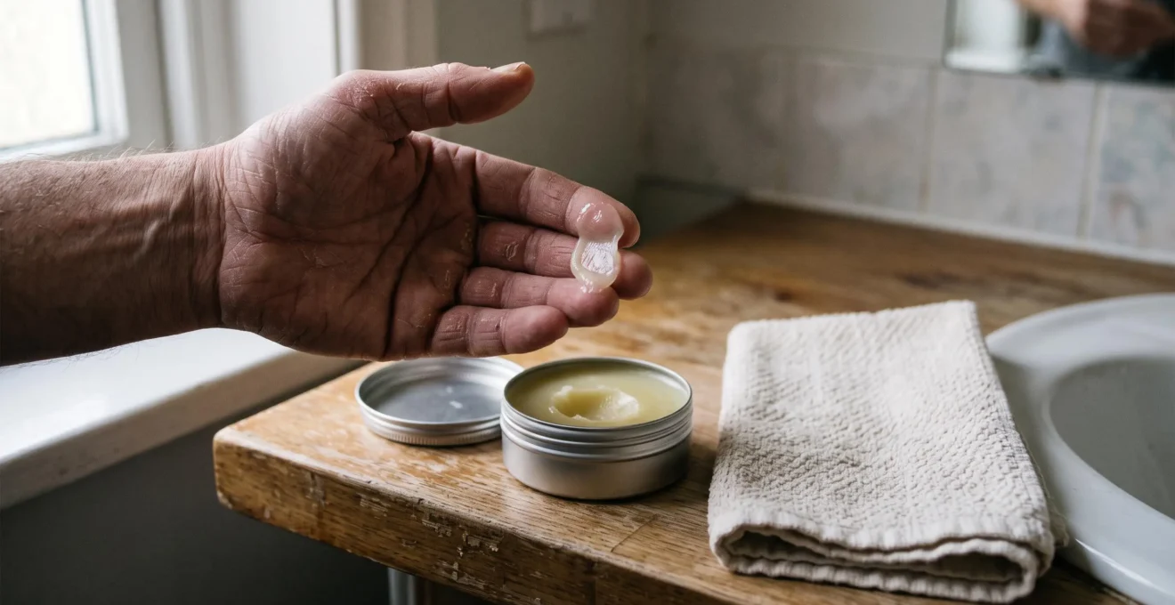 A person warming rich CBD balm between fingertips and applying it to dry, cracked hands near a bathroom sink.