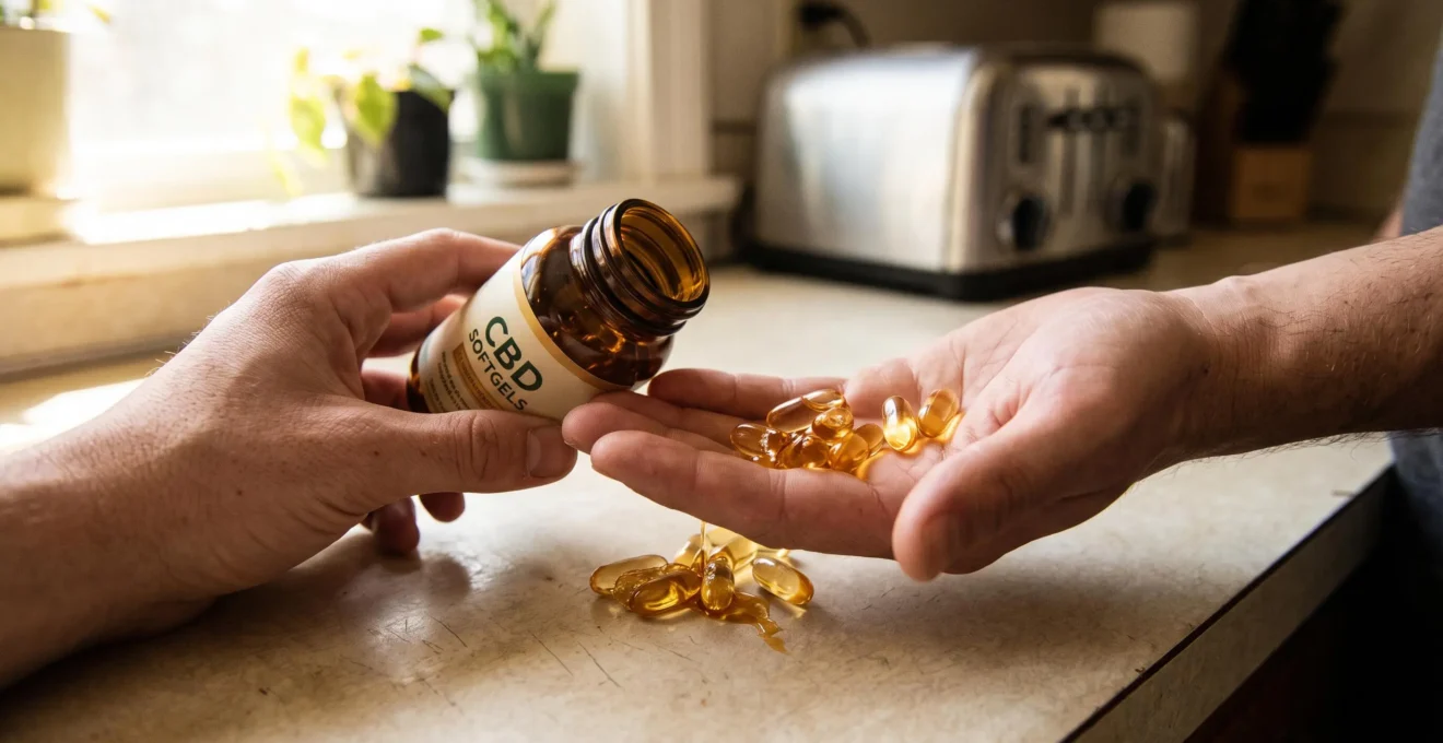 A person sorting sticky and leaking CBD softgel capsules in their hand next to an open amber bottle in a warm kitchen.