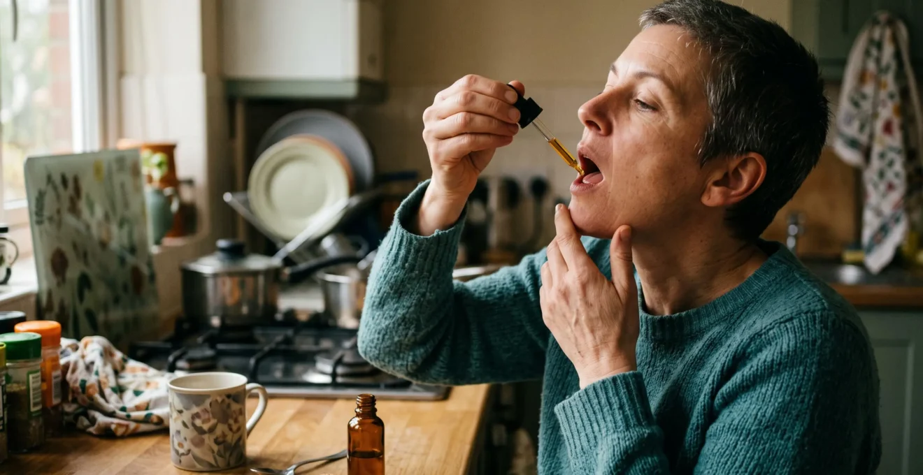 A person using a glass dropper to place CBD oil under their tongue in a home kitchen in the morning, with the amber bottle resting on the countertop.