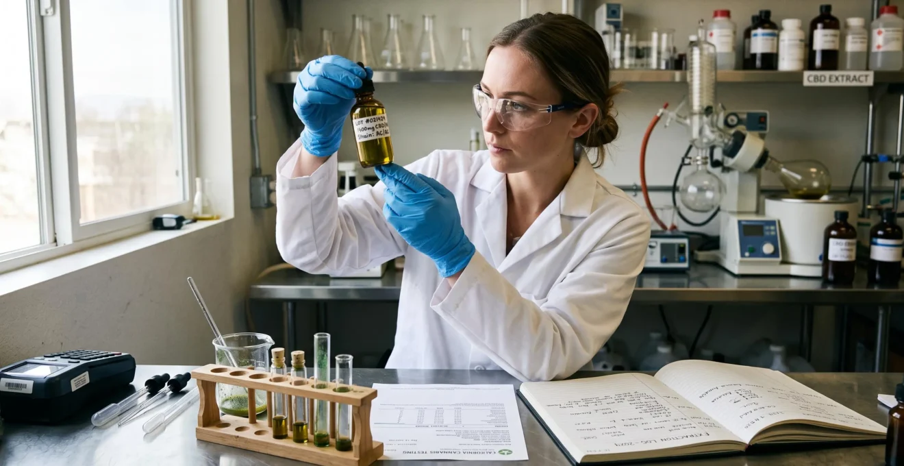 A lab technician in a white coat examines an amber dropper bottle of botanical CBD extract at a laboratory workbench.