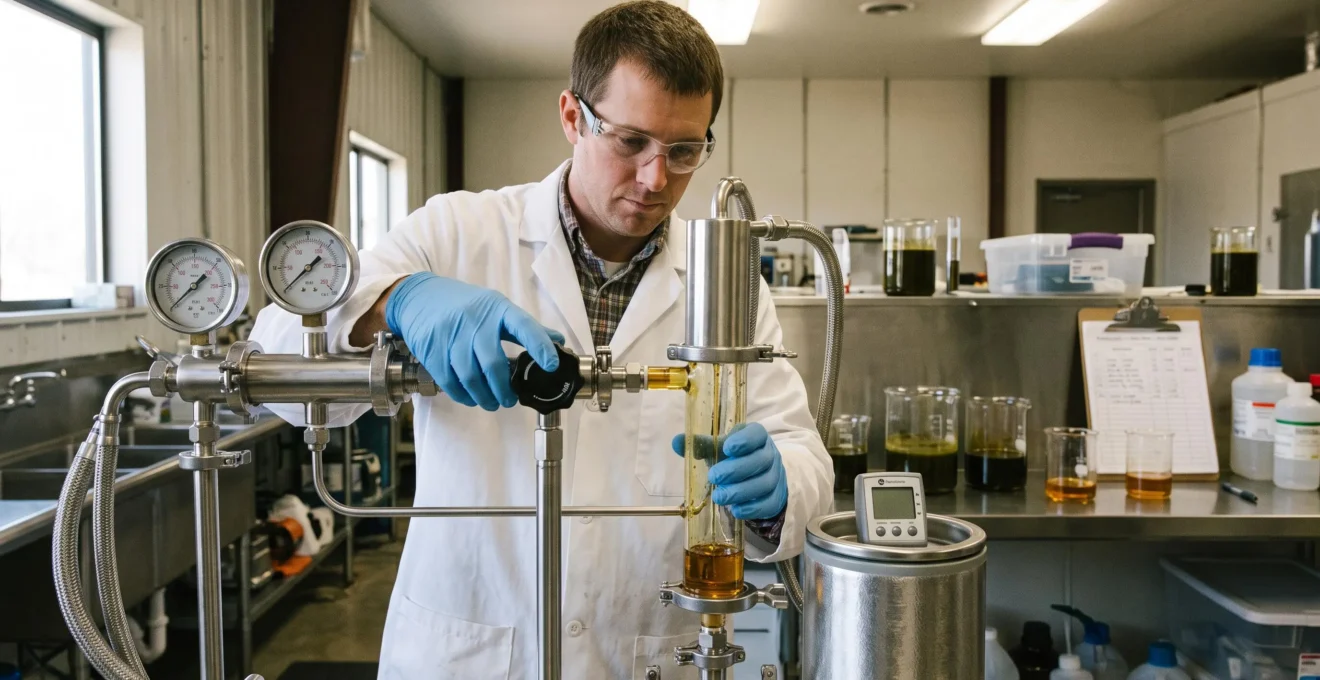 A laboratory technician adjusts a valve on a stainless steel hemp extraction machine while golden extract collects in a glass column.